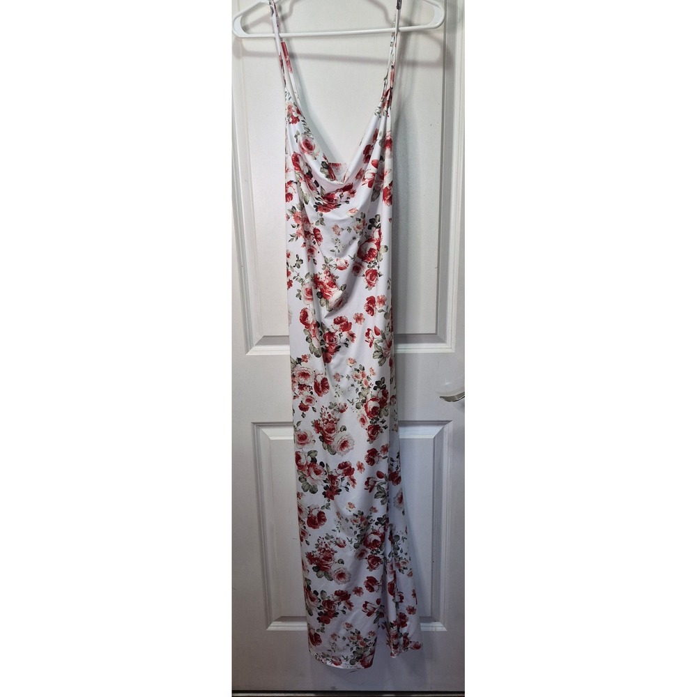 Shein Curve Floral Cowl Neck Maxi Dress White Red Rose Print 2XL Plus Size